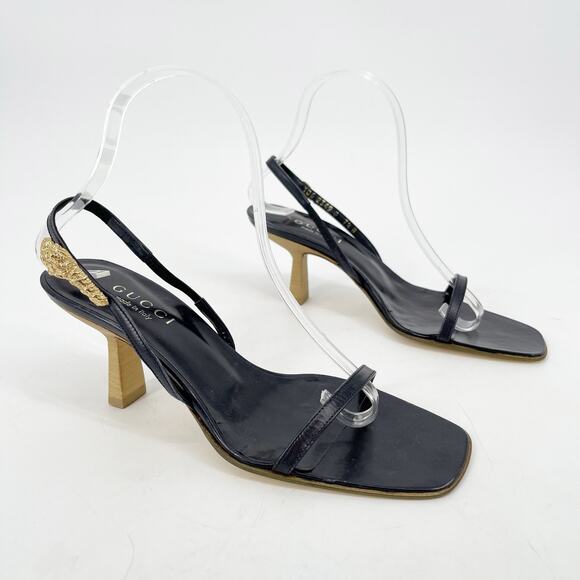 Vintage Gucci Black Leather Tiger Head Slingback Heeled Sandals size 7.5 - Picture 2 of 12